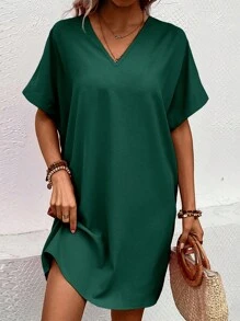 SHEIN LUNE Solid Batwing Sleeve Tunic Dress - Green - View 1