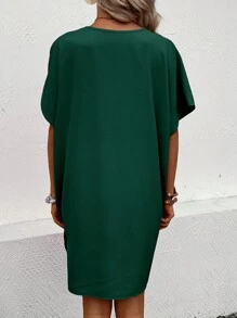 SHEIN LUNE Solid Batwing Sleeve Tunic Dress - Green - View 2