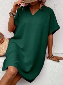 SHEIN LUNE Solid Batwing Sleeve Tunic Dress - Green - View 3