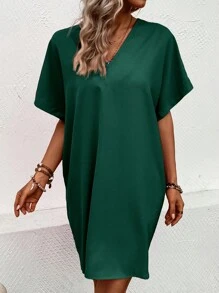 SHEIN LUNE Solid Batwing Sleeve Tunic Dress - Green - View 4