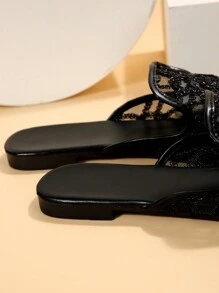 女士亮片裝飾方頭平底鞋,時尚黑色網紗穆勒平底鞋 - 黑色 - 查看 4