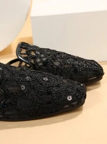 女士亮片裝飾方頭平底鞋,時尚黑色網紗穆勒平底鞋 - 黑色 - 查看 5
