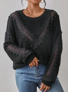 SHEIN LUNE Chèn Lace Thả vai Áo len - màu đen - Xem 1