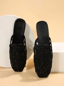 女士亮片裝飾方頭平底鞋,時尚黑色網紗穆勒平底鞋 - 黑色 - 查看 6