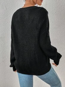 SHEIN LUNE Chèn Lace Thả vai Áo len - màu đen - Xem 2