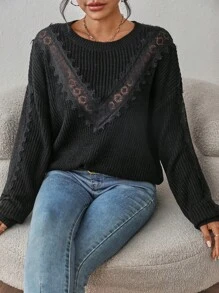 SHEIN LUNE Chèn Lace Thả vai Áo len - màu đen - Xem 6