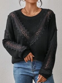 SHEIN LUNE Chèn Lace Thả vai Áo len - màu đen - Xem 7