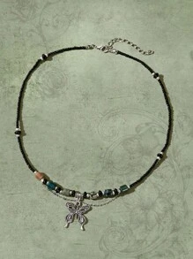 ROMWE Fairycore 1 件时尚锌合金蝴蝶与不对称宝石吊坠项链，适合女士日常装饰