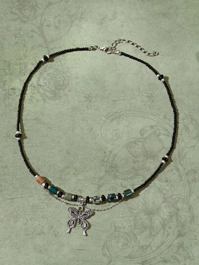 Fairycore 1pc Fashion Zinc Alloy Butterfly & Asymmetric Stone Pendant Necklace For Women For Daily Decoration