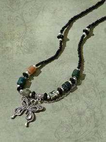 ROMWE Fairycore 1 件时尚锌合金蝴蝶与不对称宝石吊坠项链，适合女士日常装饰