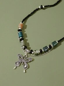 ROMWE Fairycore 1 件时尚锌合金蝴蝶与不对称宝石吊坠项链，适合女士日常装饰