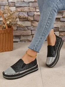 Women Rhinestone Decor Slip On Flats, Glamorous Outdoor Loafer Flats - Gold - View 1