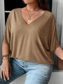 SHEIN LUNE Plus Solid Batwing Sleeve Tee - Khaki - View 3