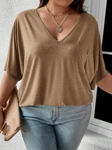 SHEIN LUNE Plus Solid Batwing Sleeve Tee - Khaki - View 1