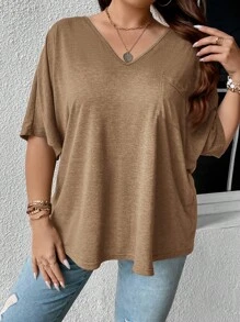 SHEIN LUNE Plus Solid Batwing Sleeve Tee - Khaki - View 7