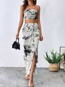 SHEIN Privé 紮染抹胸上衣和高衩半身裙 - 彩色 - 查看 1