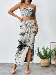 SHEIN Privé 紮染抹胸上衣和高衩半身裙 - 彩色 - 查看 3