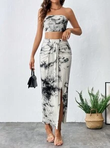 SHEIN Privé 紮染抹胸上衣和高衩半身裙 - 彩色 - 查看 4