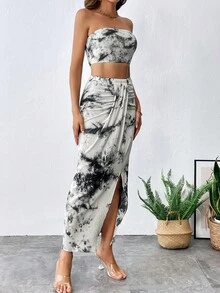 SHEIN Privé 紮染抹胸上衣和高衩半身裙 - 彩色 - 查看 5