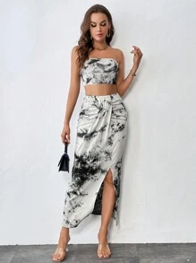 SHEIN Privé 紮染抹胸上衣和高衩半身裙 - 彩色 - 查看 6