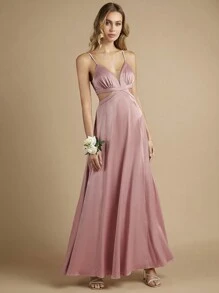 SHEIN Belle Cắt bỏ eo Chất rắn Váy Phù dâu Dây - Bụi hồng - Xem 1