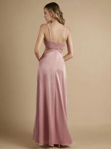 SHEIN Belle Cắt bỏ eo Chất rắn Váy Phù dâu Dây - Bụi hồng - Xem 2