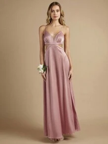 SHEIN Belle Cắt bỏ eo Chất rắn Váy Phù dâu Dây - Bụi hồng - Xem 3