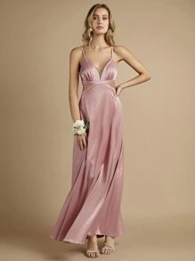 SHEIN Belle Cắt bỏ eo Chất rắn Váy Phù dâu Dây - Bụi hồng - Xem 4