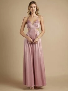 SHEIN Belle Cắt bỏ eo Chất rắn Váy Phù dâu Dây - Bụi hồng - Xem 5