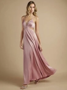 SHEIN Belle Cắt bỏ eo Chất rắn Váy Phù dâu Dây - Bụi hồng - Xem 8
