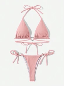 素色心環連接吊脖側繫帶比基尼泳裝 - 淺粉色 - 查看 6
