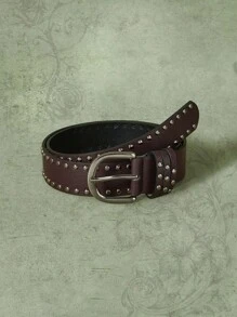 ROMWE Hippie 1入組女士素色鉚釘龐克皮帶 - 咖啡棕 - 查看 2