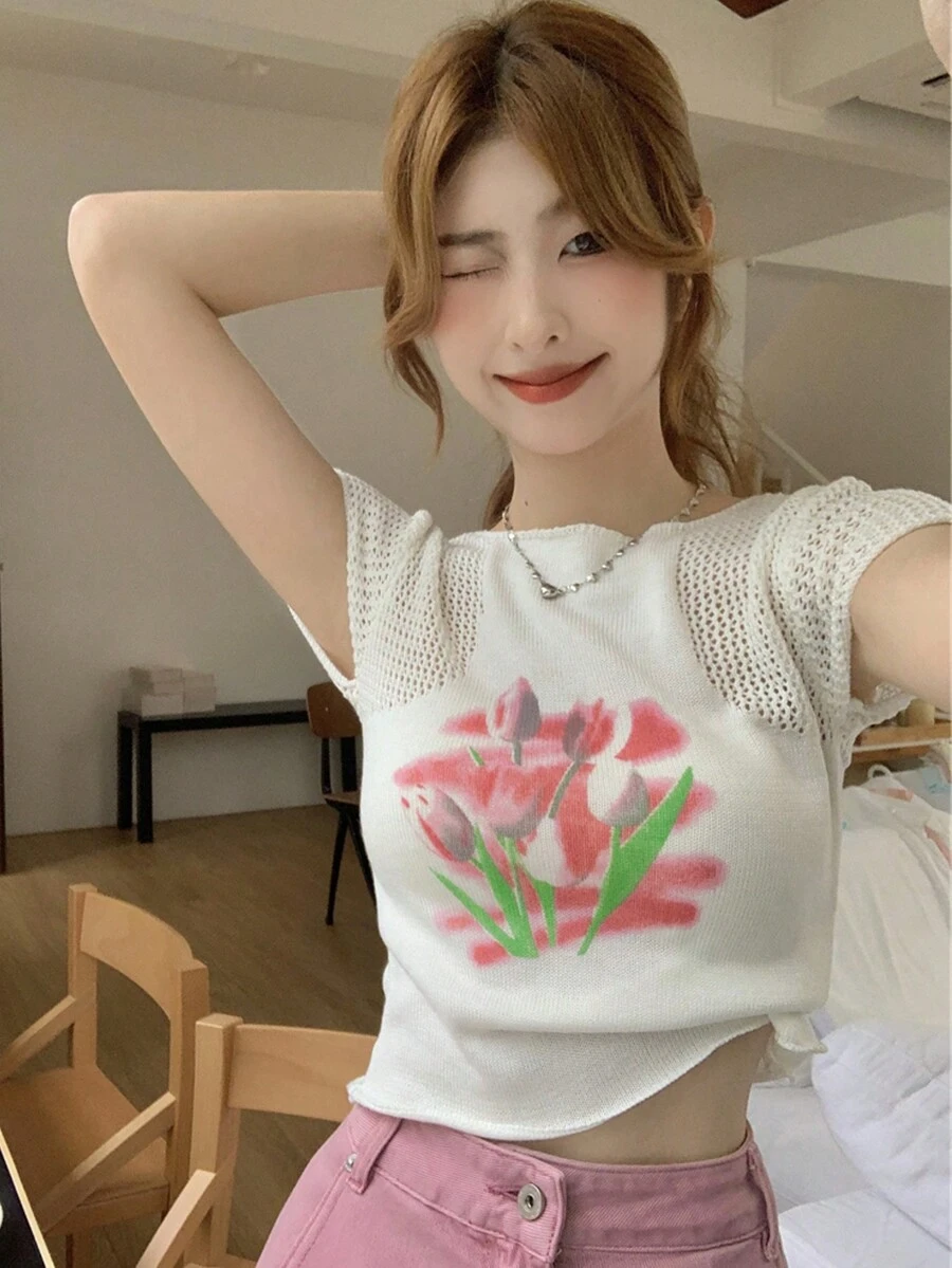 Top tejido crop con patrón floral - Blanco - Ver 1