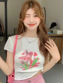 Top tejido crop con patrón floral - Blanco - Ver 3