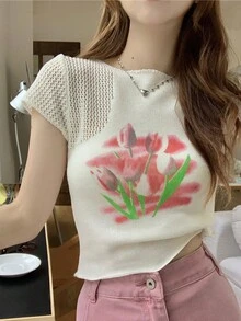 Top tejido crop con patrón floral - Blanco - Ver 4