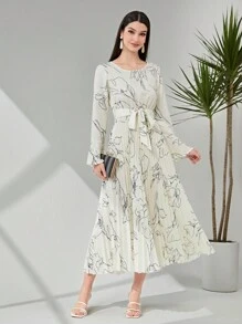 Modelyn Floral Print Belted Pleated Hem Dress