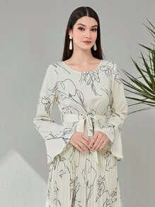 Modelyn Floral Print Belted Pleated Hem Dress