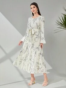 Modelyn Floral Print Belted Pleated Hem Dress
