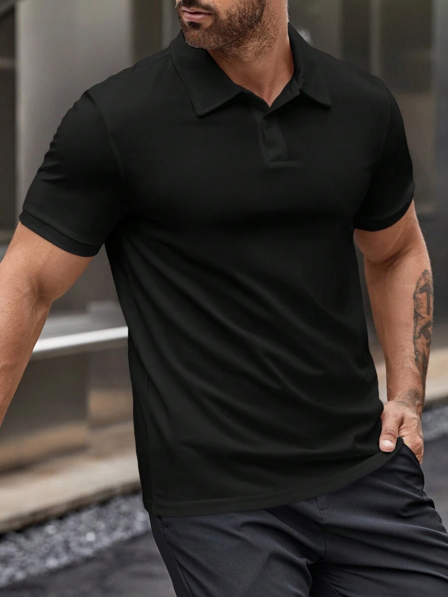 Manfinity Homme Hombres Camisa polo unicolor - Negro - Ver 1