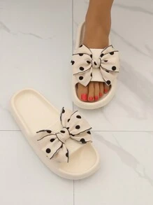 女士波点蝴蝶结装饰拖鞋，学院风户外塑料拖鞋，沙滩装，女士拖鞋 - 白色 - 查看 3