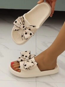 女士波点蝴蝶结装饰拖鞋，学院风户外塑料拖鞋，沙滩装，女士拖鞋 - 白色 - 查看 7