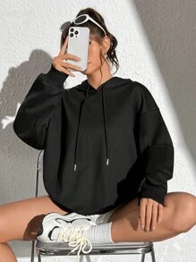 SHEIN EZwear 休闲印花图案连帽长袖宽松女式运动衫 - 黑色 - 查看 4