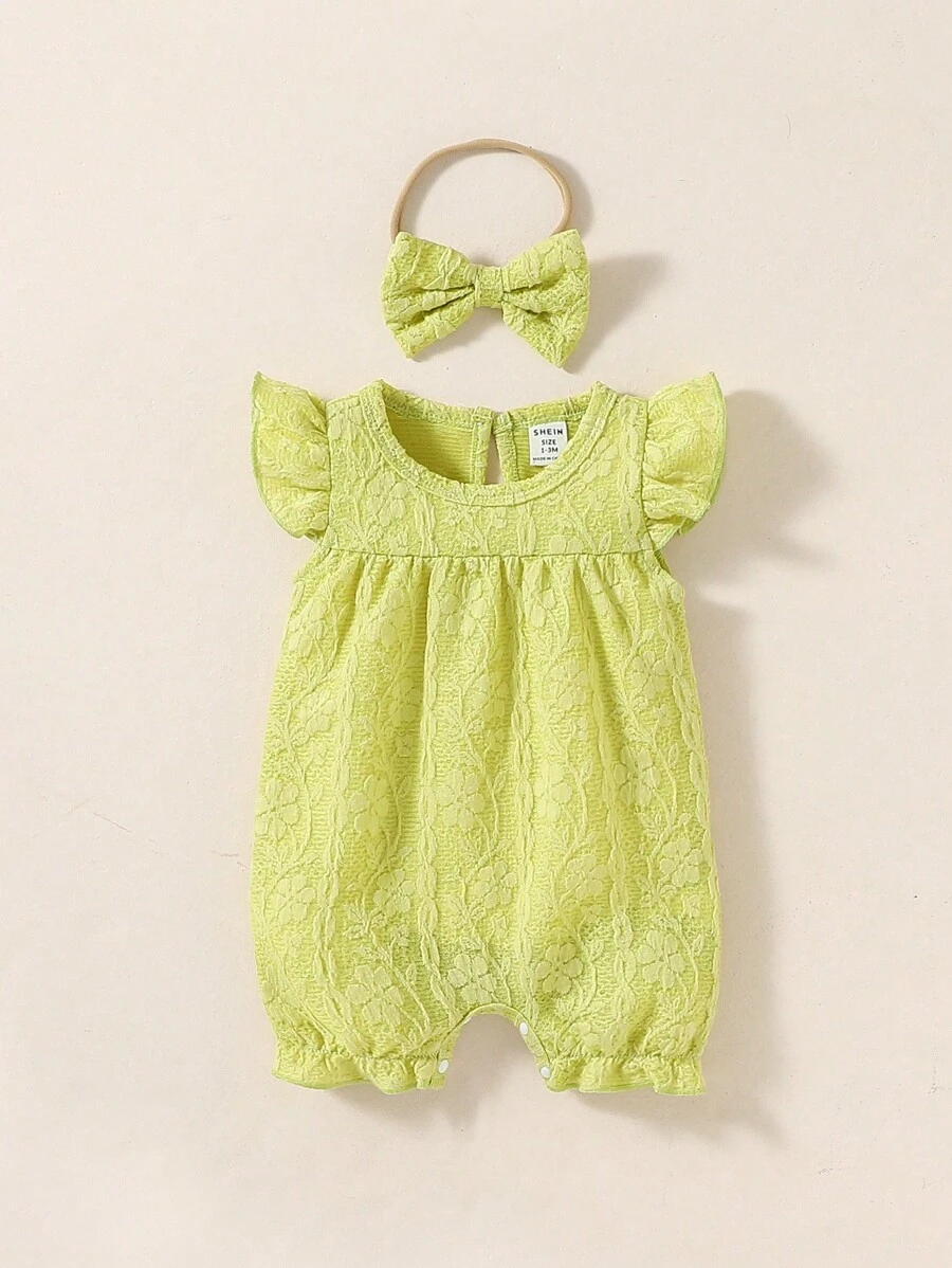 SHEIN Newborn Baby Girl Ruffle Trim Keyhole Back Romper & Headband - Olive Green - View 1