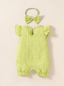SHEIN Newborn Baby Girl Ruffle Trim Keyhole Back Romper & Headband - Olive Green - View 2