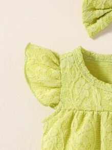SHEIN Newborn Baby Girl Ruffle Trim Keyhole Back Romper & Headband - Olive Green - View 3