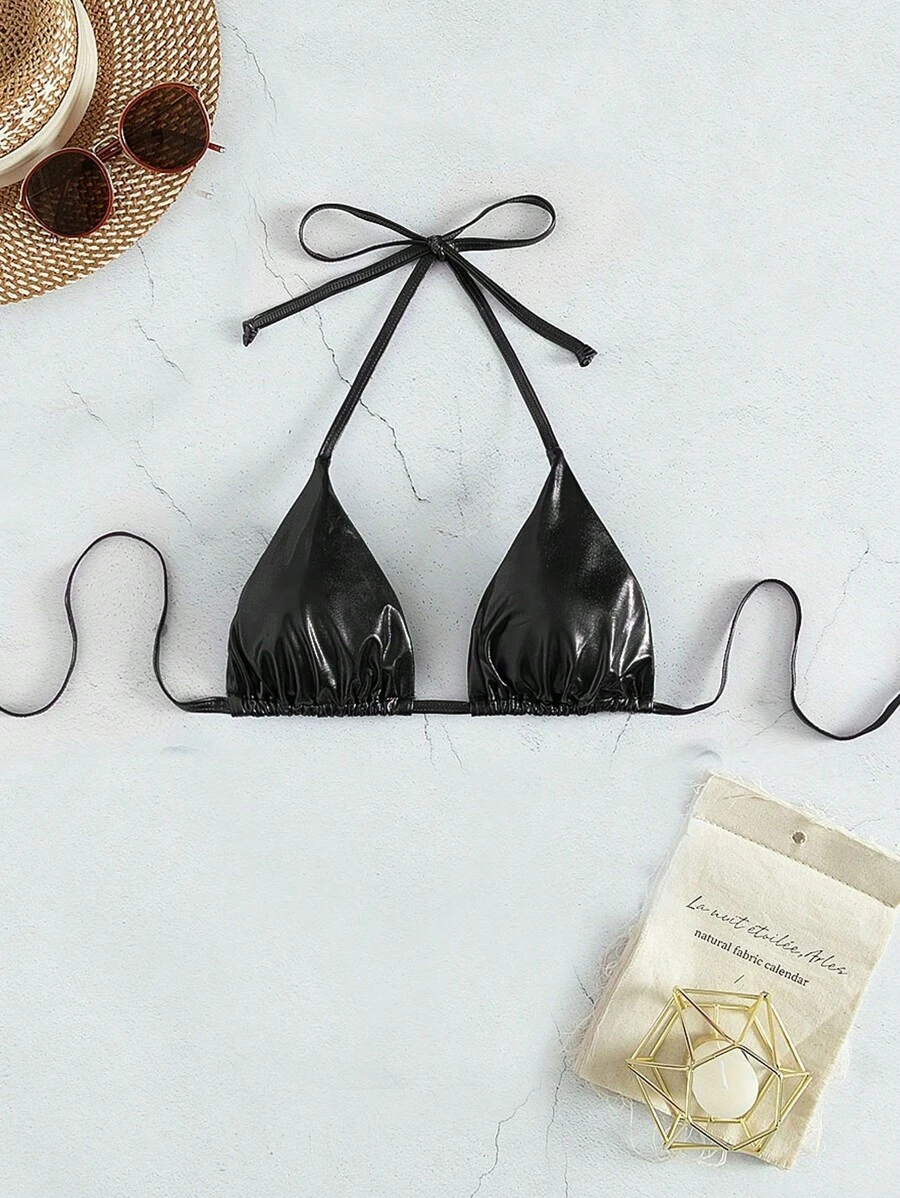 Swim Basics Summer Beach Halter Triangle Bikini Top - Black - View 1