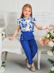 SHEIN Young Girl Floral Print Ruffle Trim Blouse & Pants Set