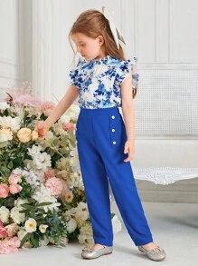 SHEIN Young Girl Floral Print Ruffle Trim Blouse & Pants Set