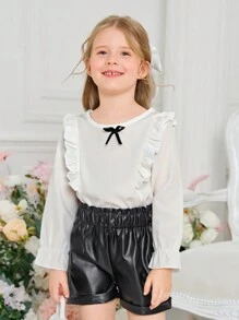 SHEIN Cô Gái Trẻ Viền Ruffle tay áo lá sen Áo & Nếp gấp cao eo Quần short - Đen và trắng - Xem 7