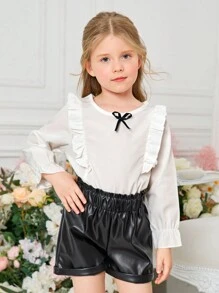 SHEIN Cô Gái Trẻ Viền Ruffle tay áo lá sen Áo & Nếp gấp cao eo Quần short - Đen và trắng - Xem 8